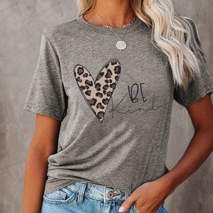 NWOT - BE Kind Leopard Heart Print Gray T-shirt - Size Medium